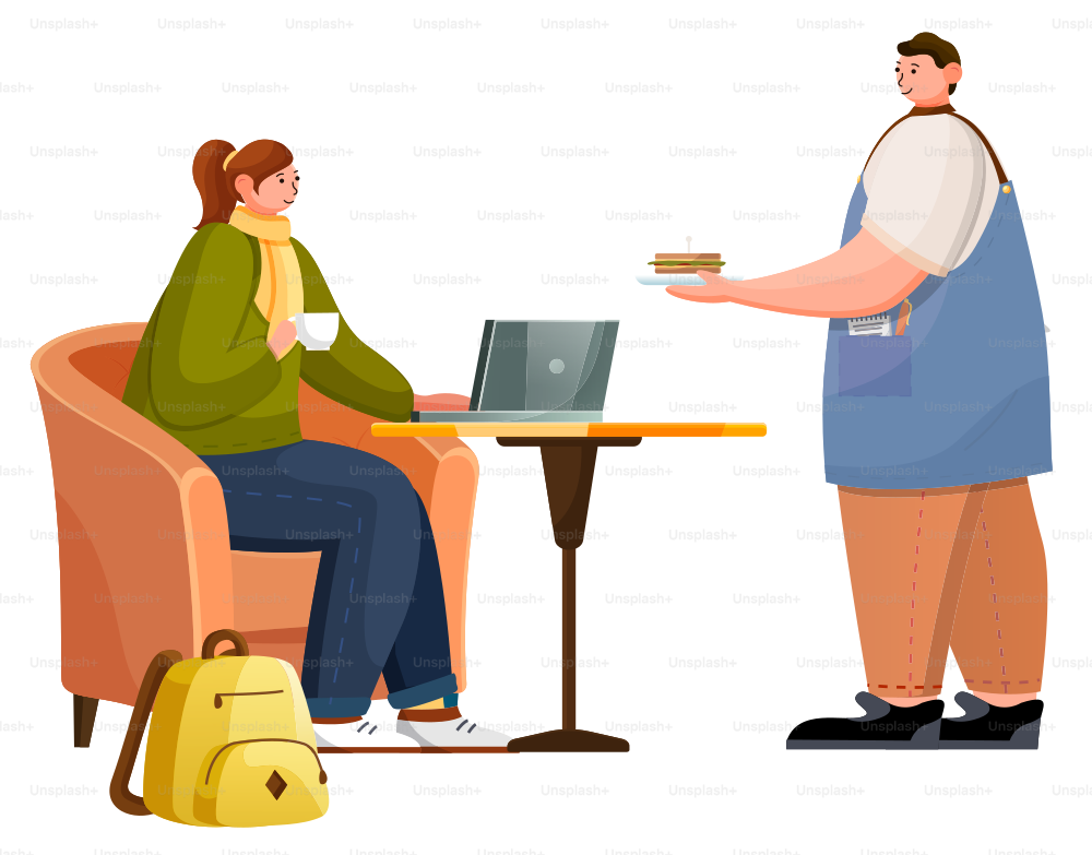 Barista or waiter bring sandwich for woman. Lady drinking hot coffee or tea and working on laptop. Armchair and single leg table for eating. Place for relax and work in cafeteria, vector illustration