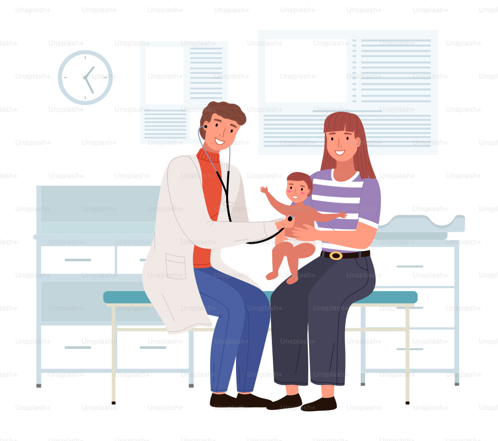 Mother and baby visiting the doctor. Pediatrician with stethoscope working with little patient. Characters at the appointment with the therapist in hospital room. Man checks the health of child