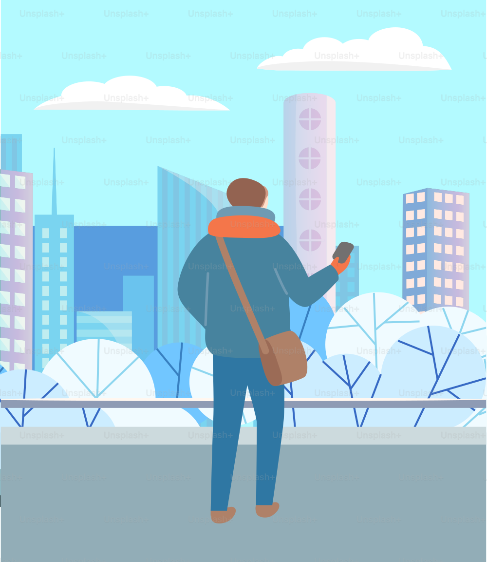 Man walking through urban winter park alone. Person in warm clothes, hat and scarf standing with telephone in hand. Beautiful snowy landscape of city on background. Vector illustration in flat style