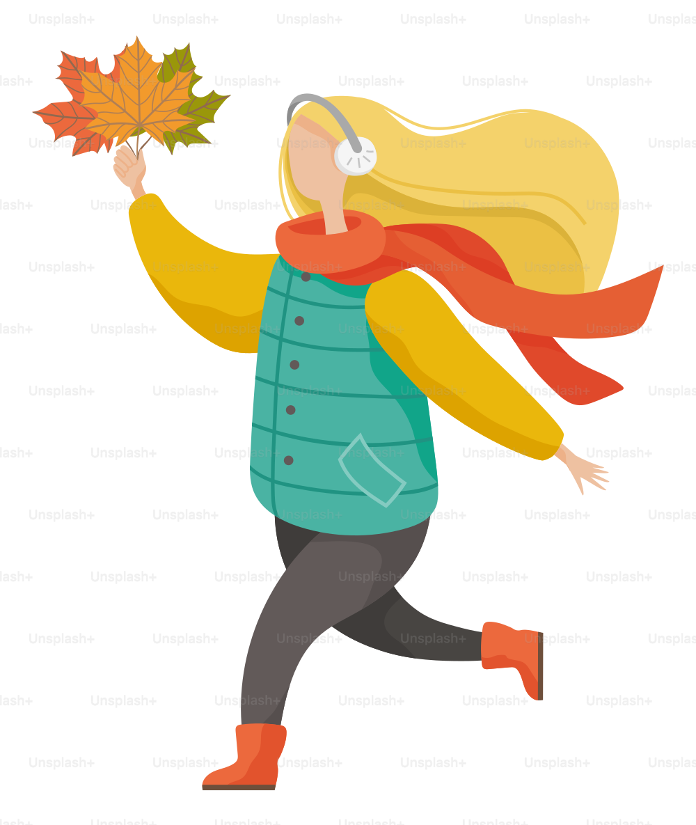 Girl wearing casual and warm clothes holding leaves. Happy woman listening music in headset. Female character running with yellow foliage in autumn park. Person in scarf going outdoor vector