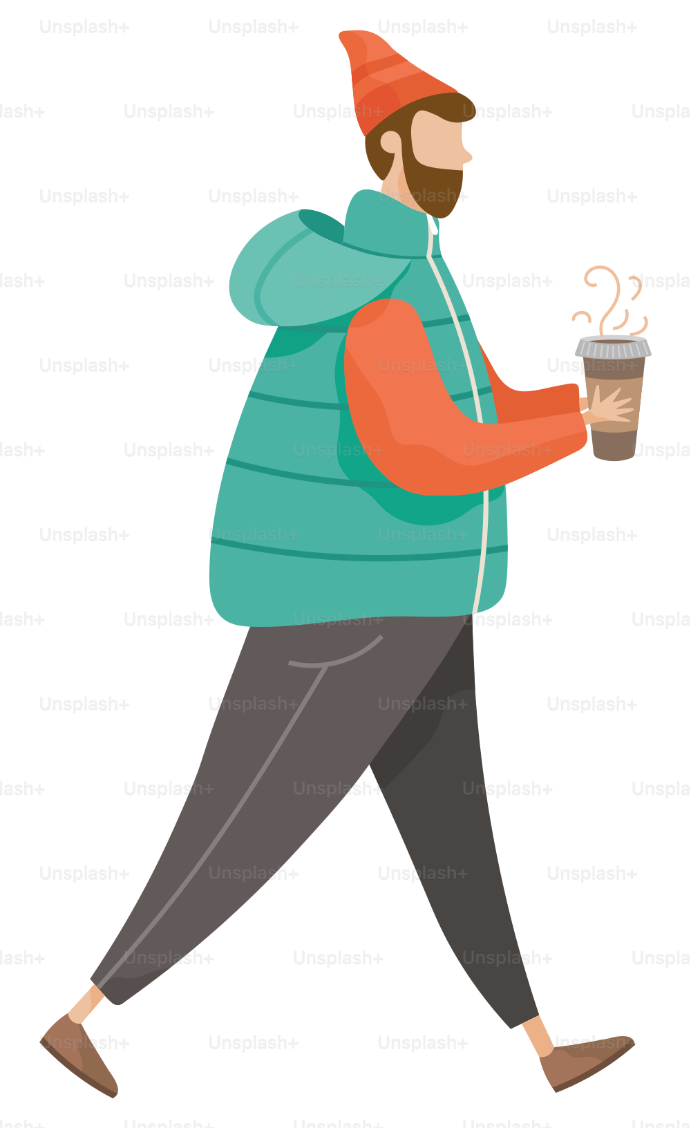 Homme marchant seul et buvant du café vectoriel. Hipster avec cappuccino, latte ou expresso dans l’illustration des mains. Guy tenant une tasse avec une boisson chaude. Personne dans des vêtements chauds comme un chapeau et une veste, style plat