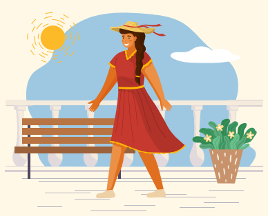Beautiful girl in a straw hat in summer day outdoor. Young cheerful woman walking on the white seafront. Smiling female character wearing red light dress. Elegant pretty girl on a terrace with bench