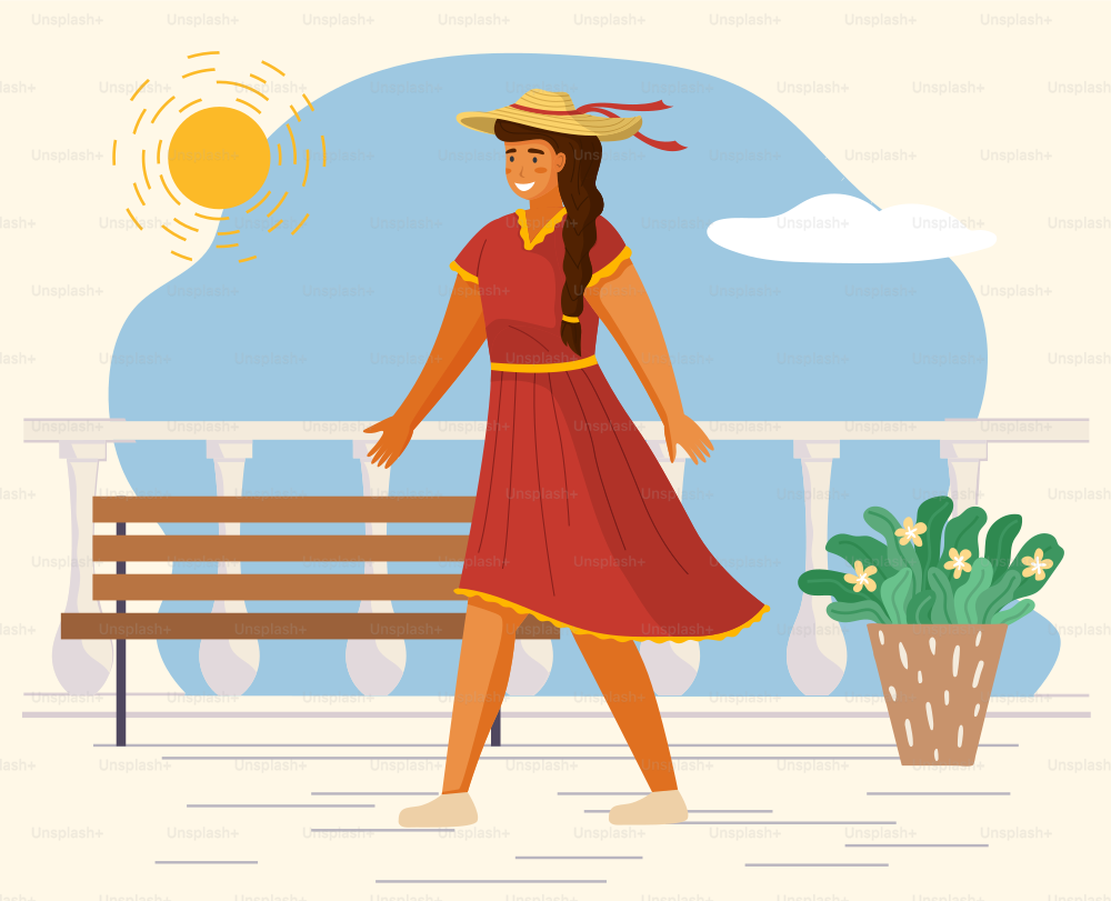 Hermosa chica con un sombrero de paja en el día de verano al aire libre. Joven mujer alegre caminando por el paseo marítimo blanco. Personaje femenino sonriente con vestido de luz roja. Elegante chica bonita en una terraza con banco