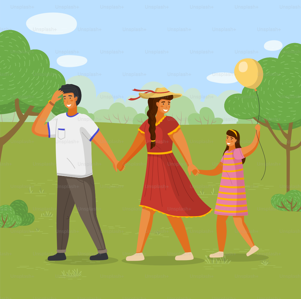 Family walking together outdoors, young father, mother with little daughter holding balloon walk at summer park, blue sky with clouds and green bushes, happy dad, mom, girl spend leisure time together