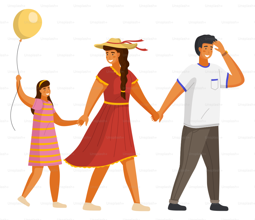 Heureux père de famille, mère et fille avec ballon marchant ensemble jour d’été. Des gens souriants se tenant la main isolés sur du blanc. Illustration vectorielle loisir familial activité plat style