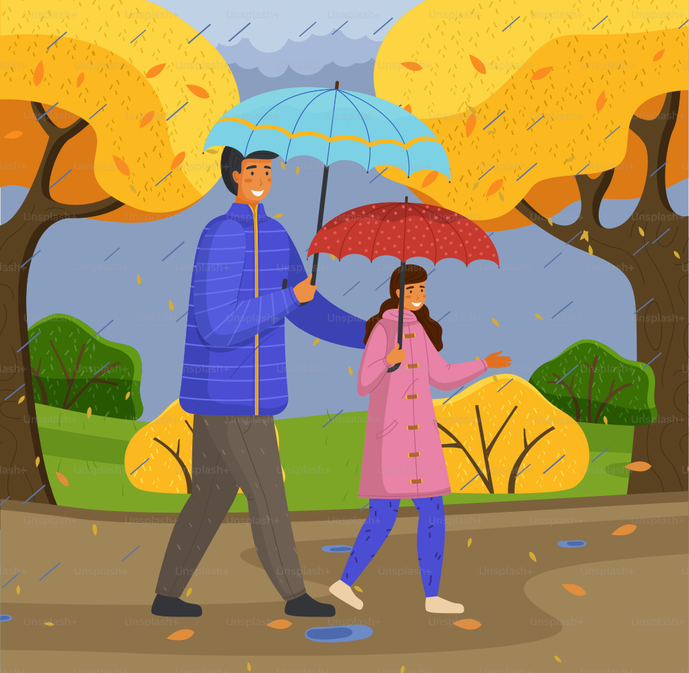 Father and daughter spend time together on a rainy october day move down the street past yellow trees. Family walking in the rain with umbrella and wearing raincoats in the city park in autumn season.