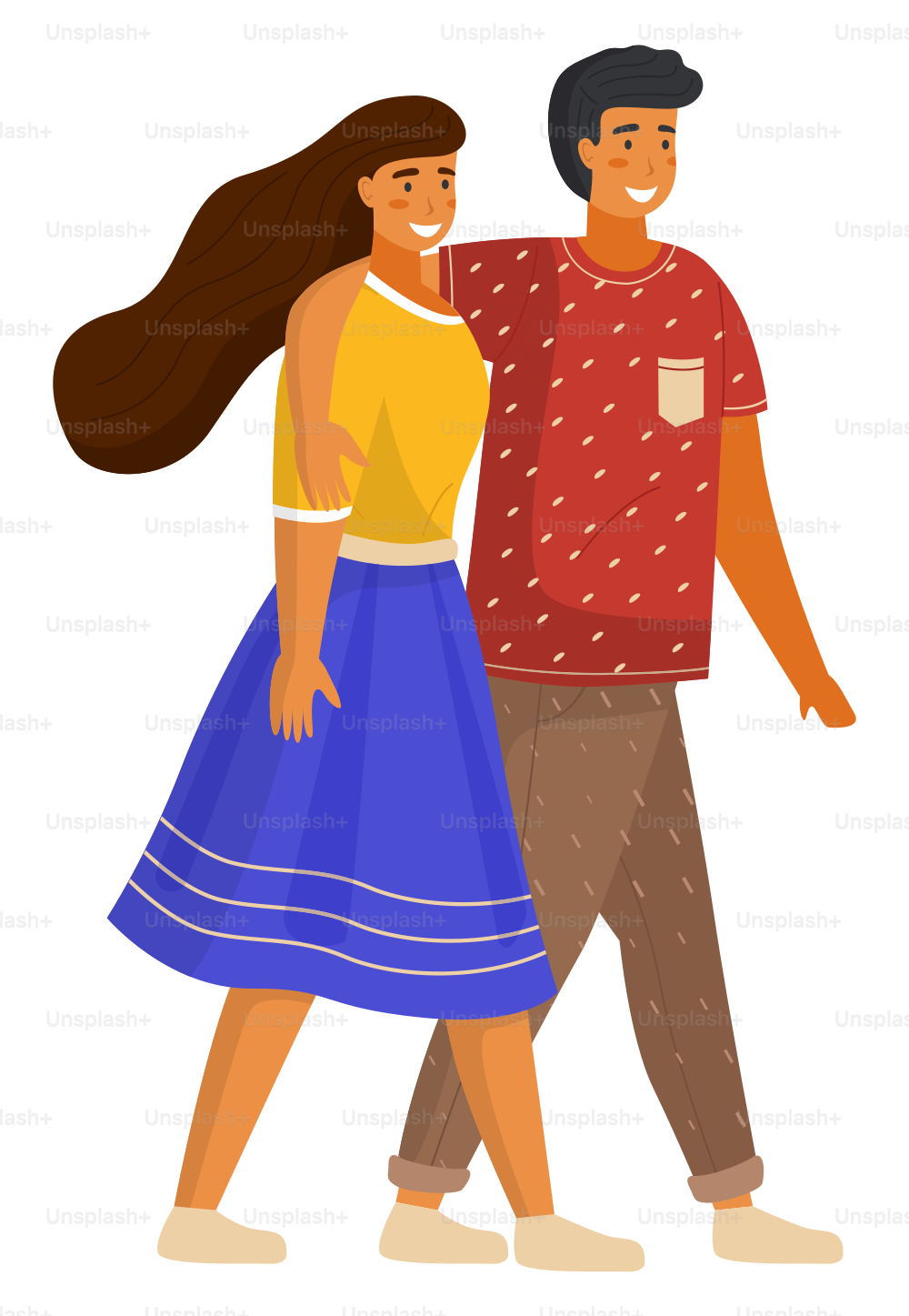 Couple of young girl and guy hugging walking, pretty female wearing skirt and shirt, man in t-shirt and trousers, people in casual clothes, isolated stylish flat cartoon characters, portrait or avatar