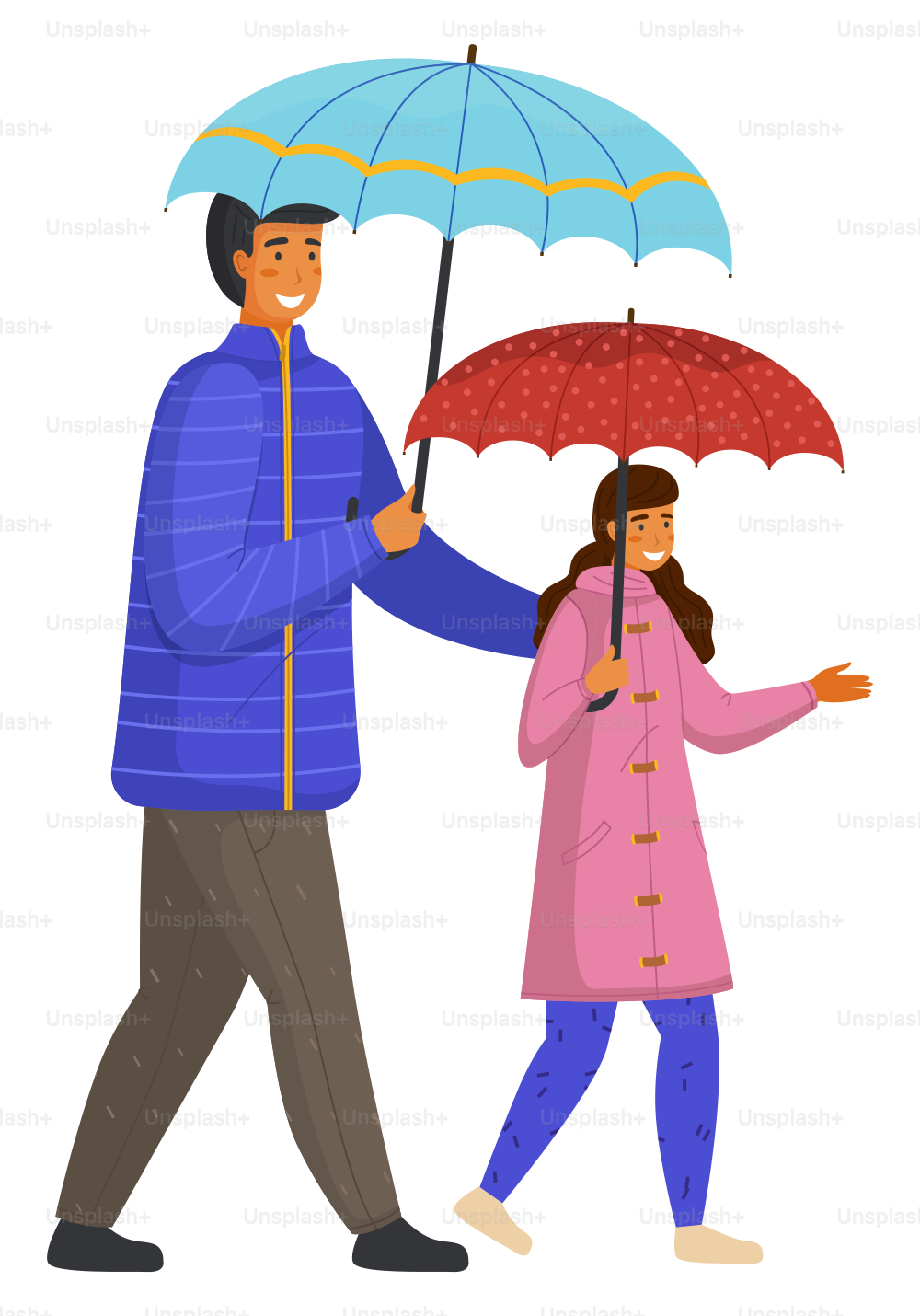Rainy weather, father and daughter with umbrellas isolated at white background, family wearing warm clothes jacket and coat, walking young adult man with little child, girl teenager, rainy outdoors