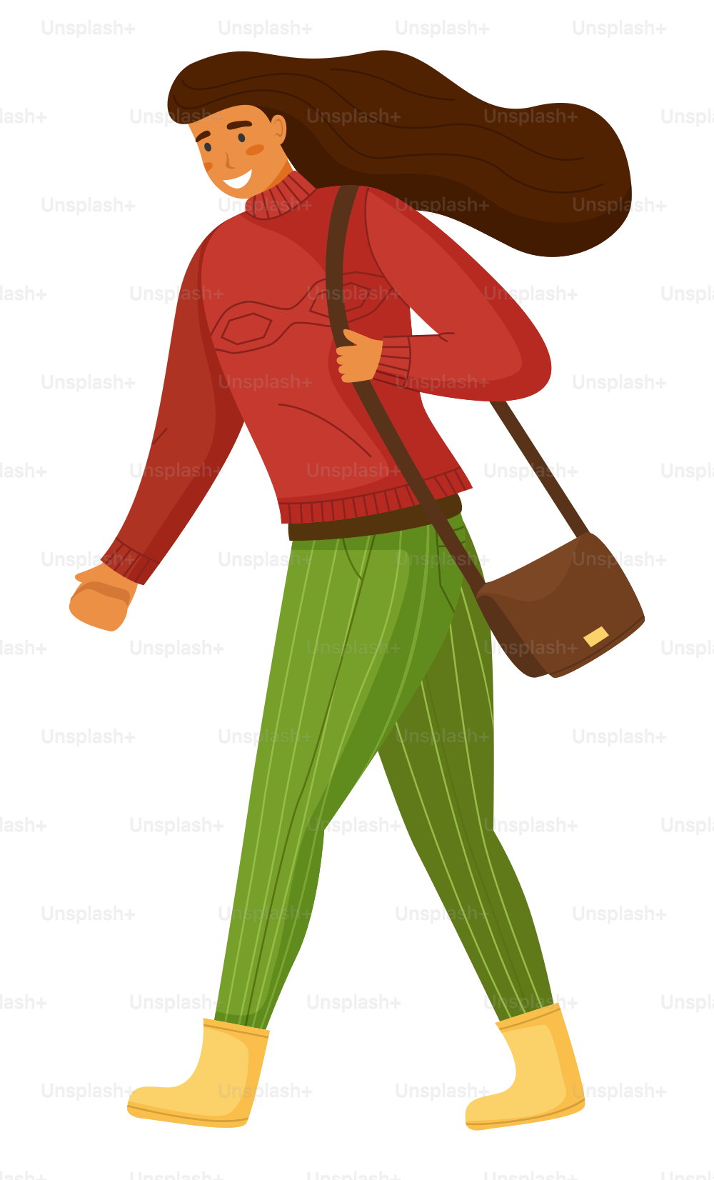 肩にバッグを持つ歩く女性、漫画のキャラクター、暖かいセーターと縞模様のズボンを着た若い女の子、陽気な幸せな茶色の長い髪の女性、ポジティブなティーンエイジャーまたは学生の散歩