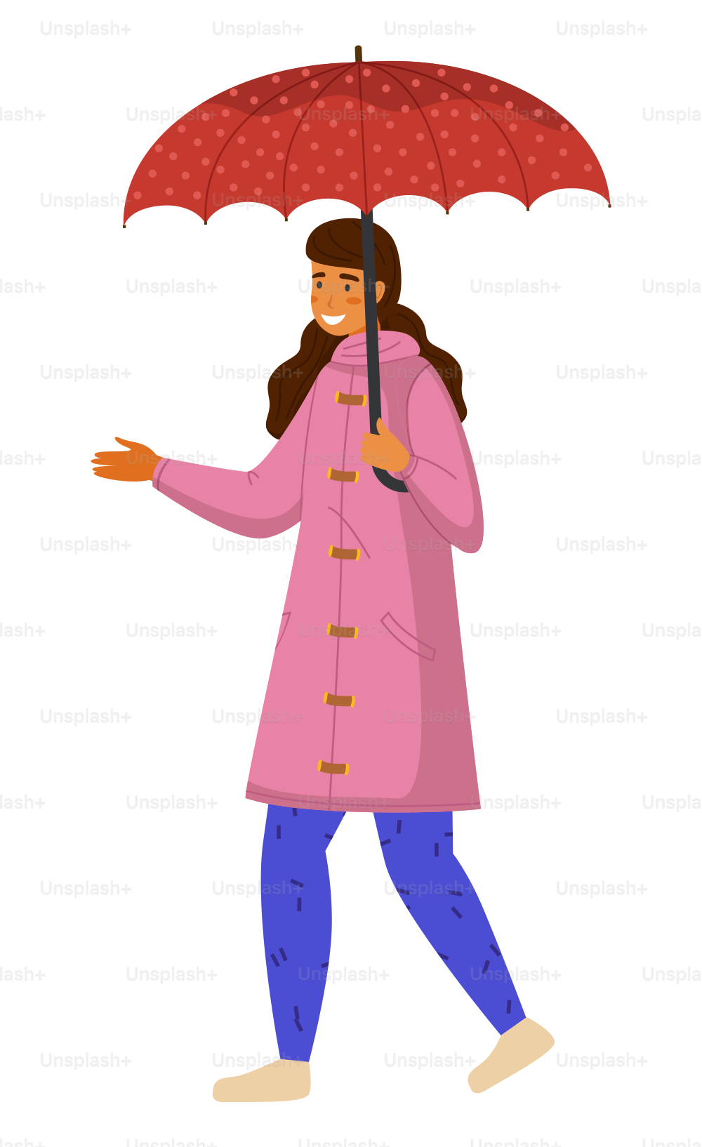 Happy girl in pink raincoat and blue pants with red dotted umbrella walks with her hand out. It starts to rain. Rainy weather does not spoil mood. Girl walks in the autumn rain. Flat vector image