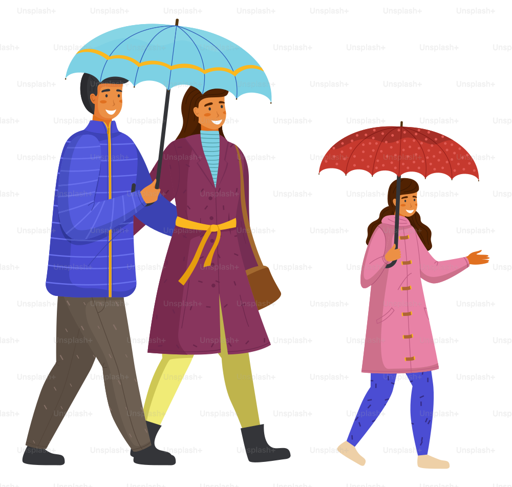 Family walking in the rain with umbrella and wearing raincoats in the city park in autumn season. Parents and daughter spend time together on a rainy october day move down the street isolated on white