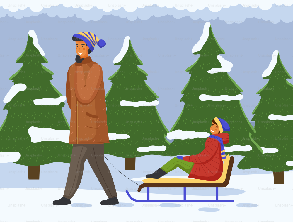 Father and daughter on a winter walk. Man sledding a child. Family members walking together in cold weather outdoor, happy joint weekend, dad with girl ride on sleigh have fun in a snowy spruce park
