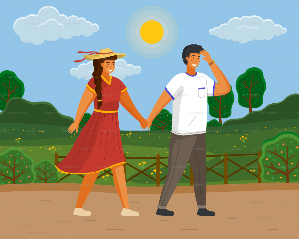 Couple walking in a park. Young guy and girl wearing a light dress and a straw hat holding hands walking in summer garden, romantic walk. Friends man and woman met on a date outdoor sunny day,