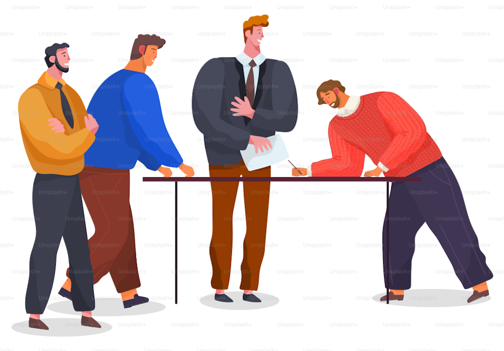 Lot of men near table, bearded man leaned over and signs contract, agreement. Business successful meeting. The negotiation process. Office staff, managers, bosses at business meeting. Man with document