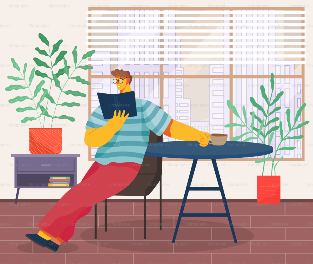 Young man sitting on chair and reading book vector illustration living room or office place to relax interior. Male reader smiling student character in armchair resting with a book and a cup of coffee