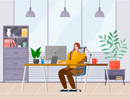 Business woman at the desk is working on the laptop computer vector illustration in flat style. Secretary in office workspace, businesswoman person in glasses sitting at a table typing with keyboard
