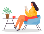 Workplace of woman with document, office worker sitting at table holding paper with notes, businesswoman and report, reading contract, sit at desk with cup houseplant, comfortable chair, employee