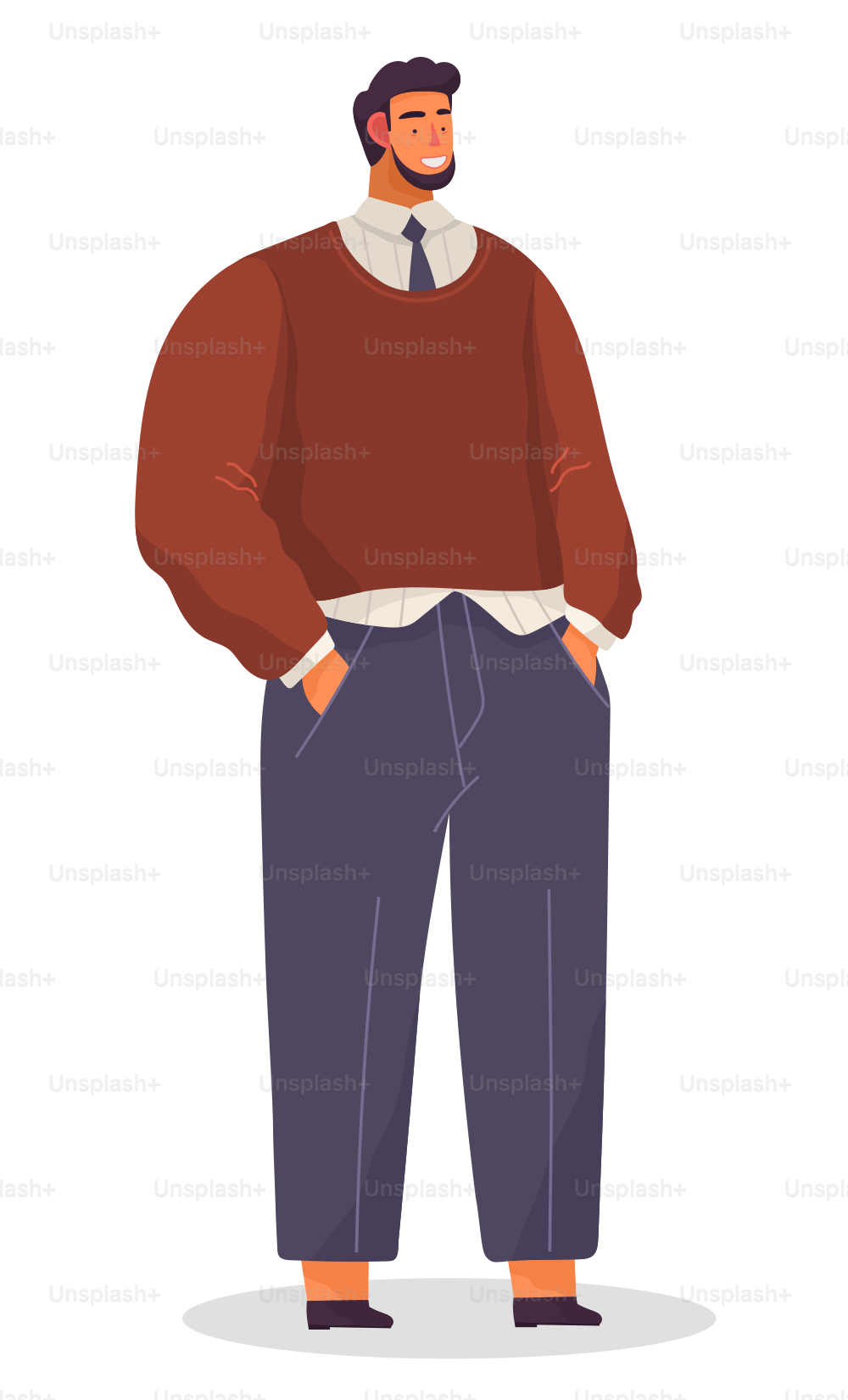 Retrato do homem de negócios, homem sorridente executivo vestindo suéter, camisa e gravata, calças, cara confiante alegre, personagem de desenho animado em estilo plano, elegante jovem trabalhador de escritório barbudo, avatar do empregado