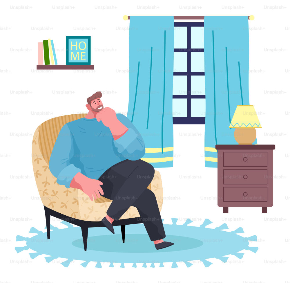 Man sitting at armchair in living room near window. Guy enjoy leisure time like spend time at home. Cartoon character thinking and smiling. Indoor recreation at home Chest of drawers with lamp in room
