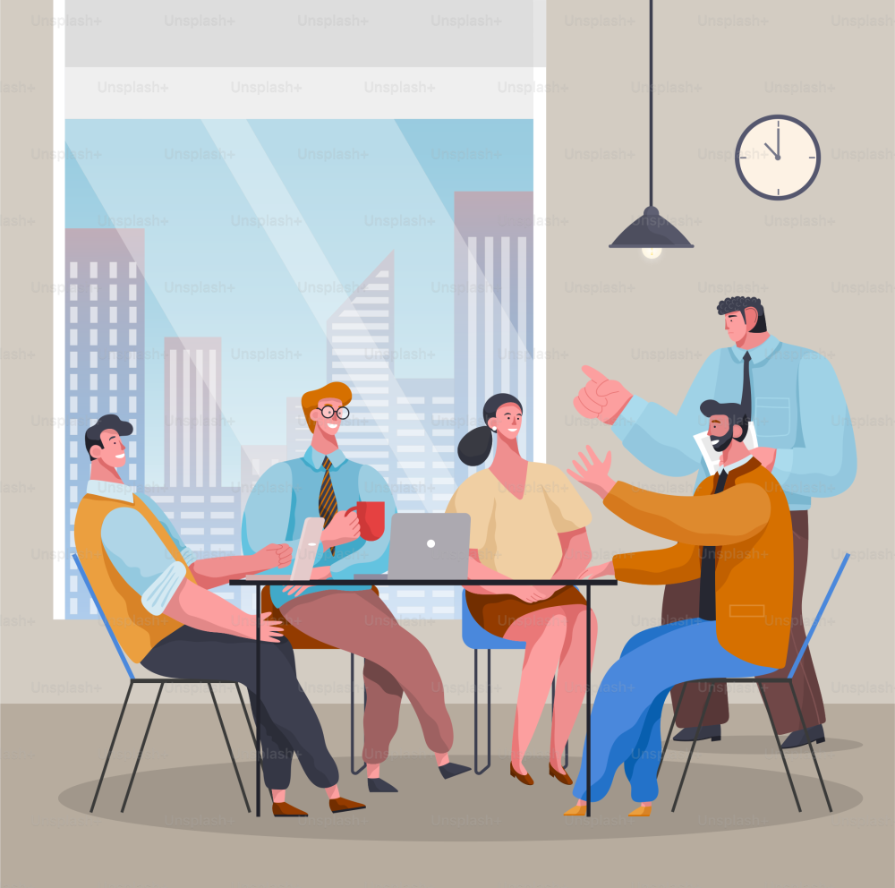 Teamwork. Business meeting, conference. Bosses talking with workers. People discussing business project or plan sitting at table with laptops in office near panoramic window. Leaders and partners team