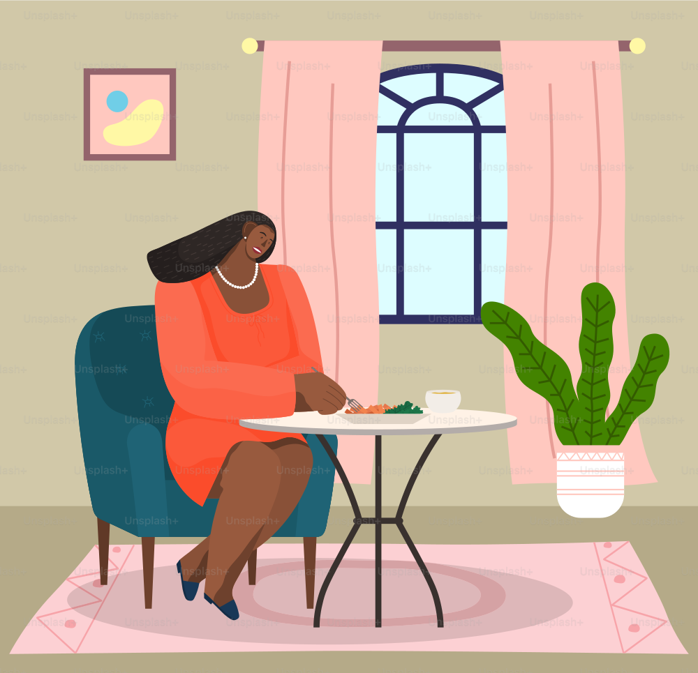 African american woman sitting on soft armchair at home at a table eating salad vector illustration. Female character having lunch in a restaurant or cafe. Spending time at home, household dinner