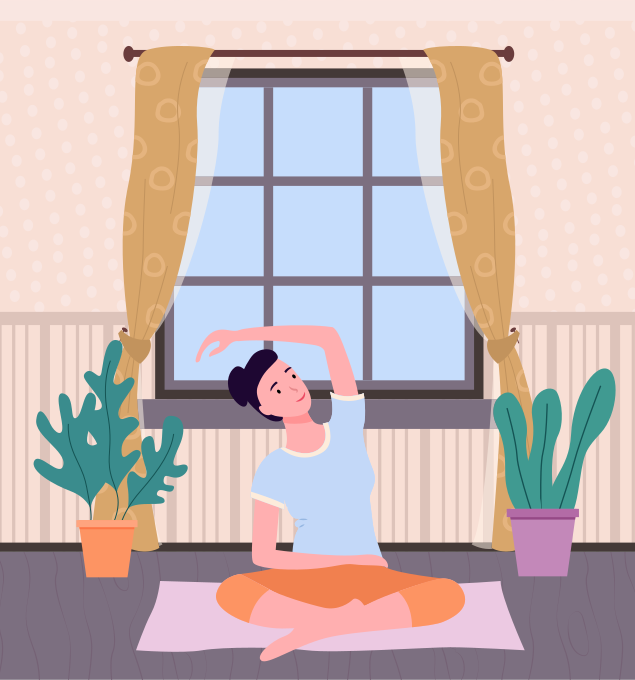 Woman doing yoga on mat inside the room. Young and beautiful girl sitting on carpet in lotus position. Female character taking care of her health, leads a healthy lifestyle, doing relaxation exercises