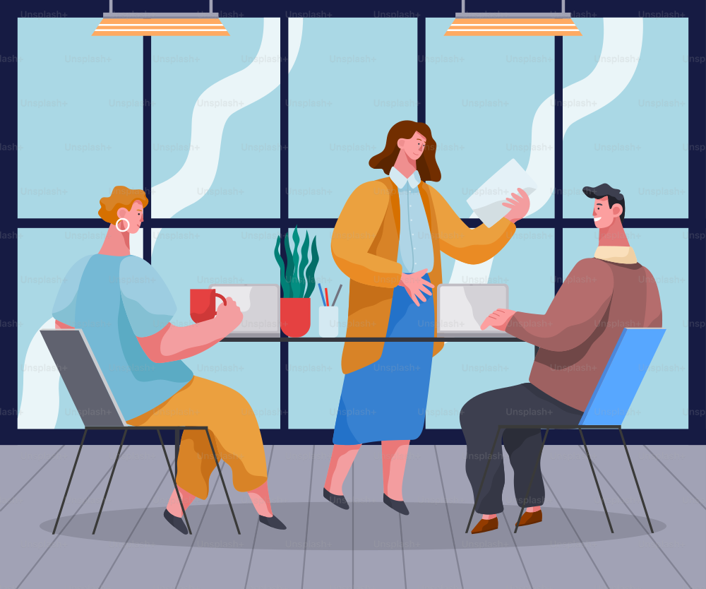 Cartoon characters in the office. Man and woman sitting at table with laptops,female holds red. Businesswoman holds presentation with paper sheet in her hand. Cozy office interior. Flat vector image