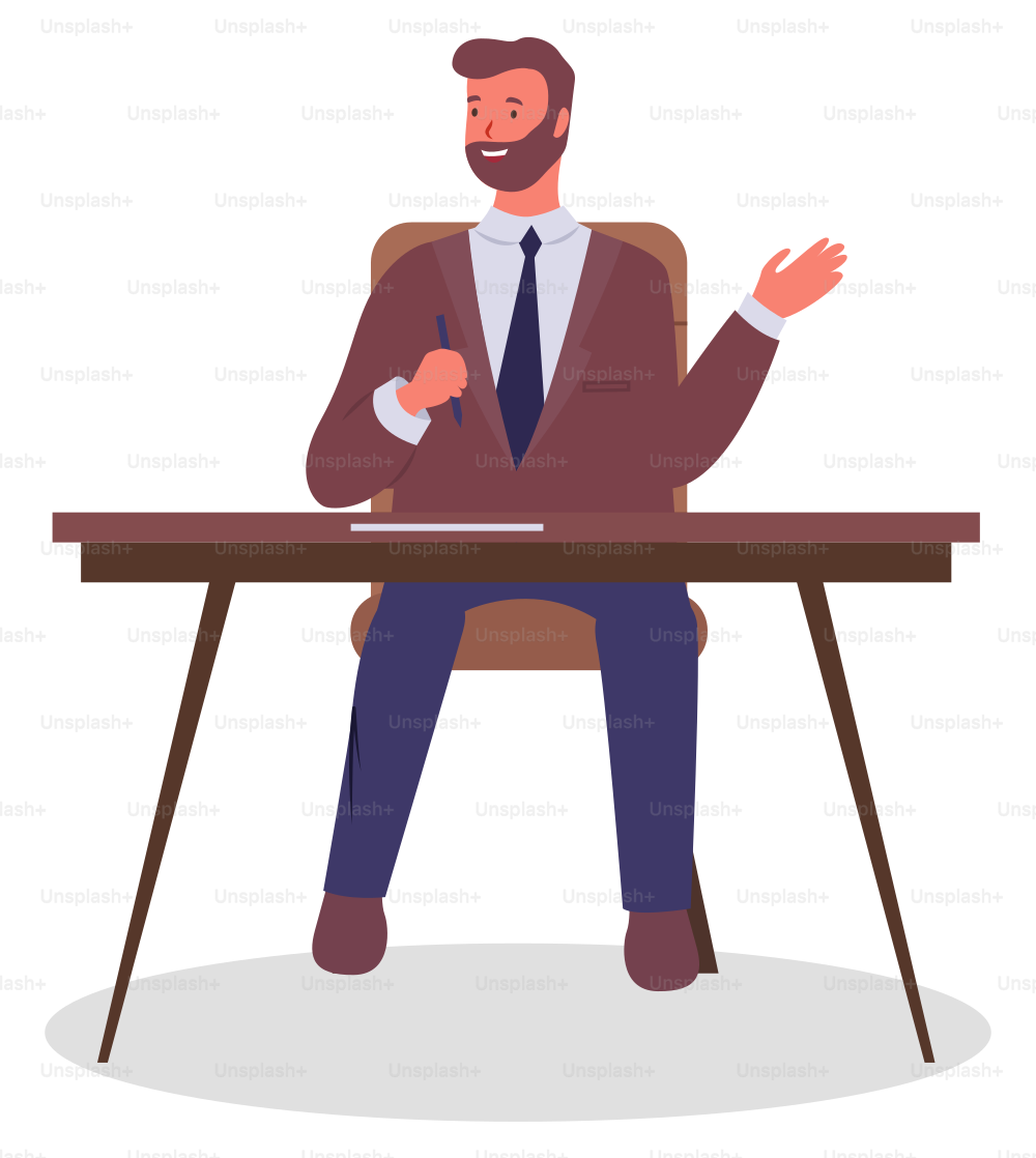Office worker at the table with a pen in hand. Businessman or a clerk working at his office workplace prepared to record. Vector flat smiling man office worker enterpreneur, boss signs a document
