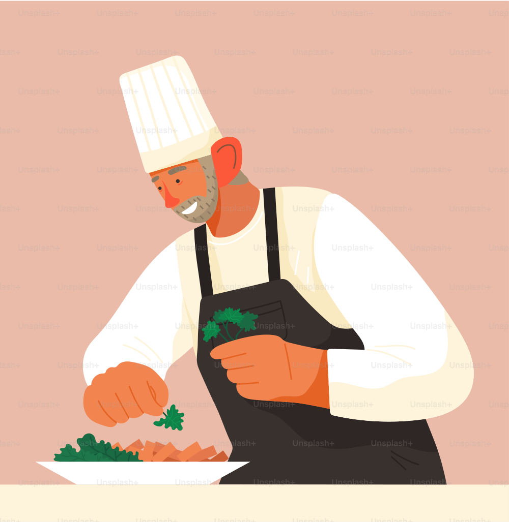 Chief-cooker elderly man at work. Cartoon enthusiastic chief cooking in restaurant professional kitchen. Food industry, restaurant service illustration. Chef cook food salad with meat and vegetables