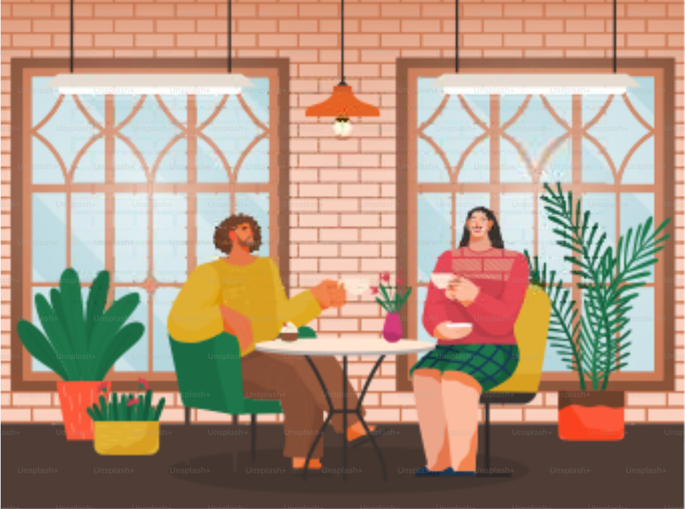 Cafe shop and people relaxing, eating out, modern place interior, drink and snack vector. Man and woman chat, have rest or enjoy free time. Restaurant in loft style, couple drinks coffee illustration