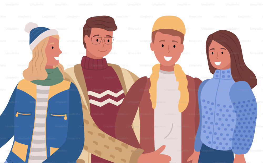 Two couples, men and women standing and posing together. People smile and talk with each other, friends meeting. Adults dressed in warm cloth, overcoat and hat. Vector illustration in flat style