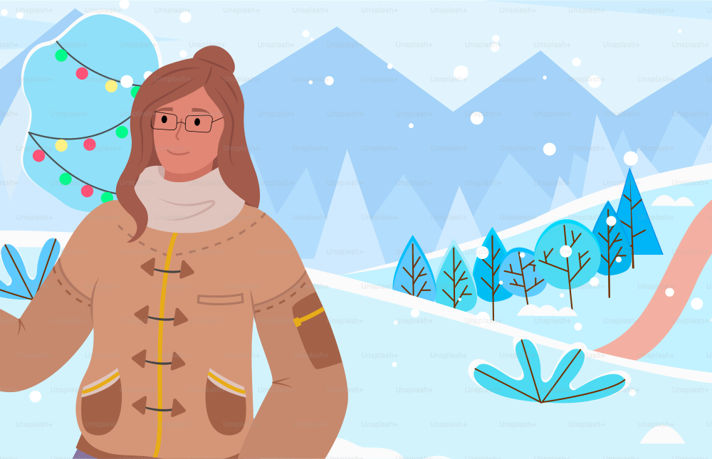 Female character on vacation in winter park decorated for christmas and holidays. Woman wearing warm clothes and glasses spending time outside. Wintry landscape with mountains vector in flat