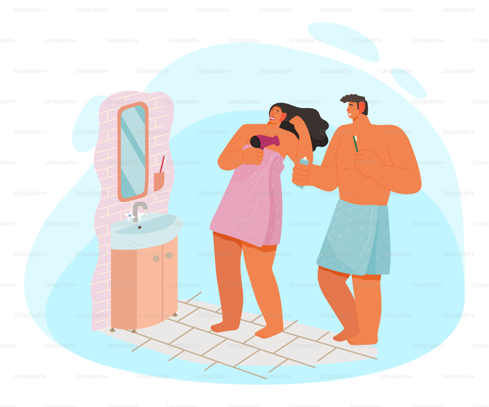 Young couple, woman and man stand together in bathroom. Lady hold hairdryer in hands and dry hair after shower. People dressed in towels on naked body. Vector illustration of morning hygiene in flat