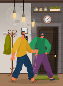 Friends on meeting in cozy restaurant. Two people go out from cafe. Men talking with each other. Interior of coffeehouse with shelf and rack, brick wall and frames on it. Vector illustration in flat