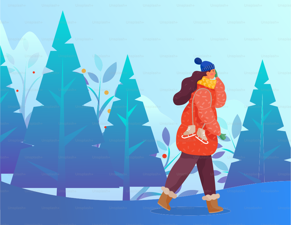 Mulher vestindo roupas quentes andando na floresta fria com árvores e arbustos. Personagem feminina segurando sapatos de patinação no gelo. Personagem de casaco, cachecol e chapéu de malha. Vetor de paisagem invernal em estilo plano
