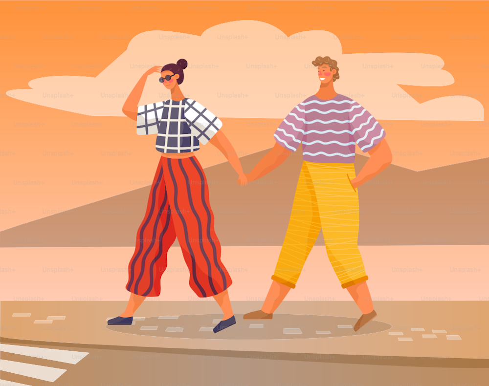 Man and woman wearing summer fashionable clothes walking outdoors in hot season. Couple holding hands traveling crossing road or street. Tourists in love, romantic pair on weekends, vector in flat