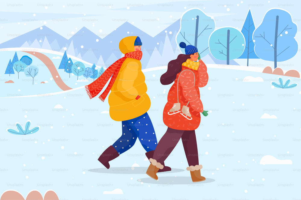 Man and woman or two women in warm clothes walking together. Friends stroll in lawn or forest. People dressed in hat and scarf, overcoat and boots. Lady carry skate footwear. Vector illustration