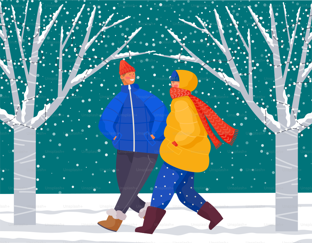 Man and woman walk through park or lawn. Friends or couple stroll and talk together in evening. People dressed in warm clothes like outerwear, hat and scarf. Vector illustration in flat style