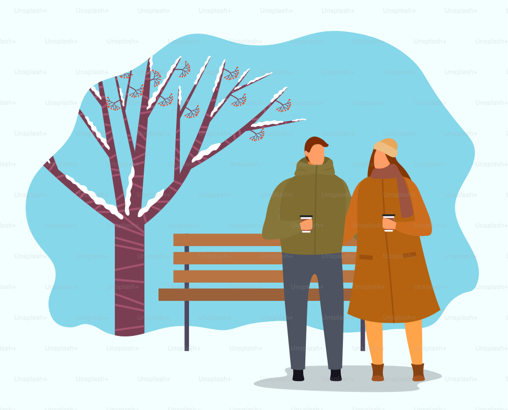 People drinking hot beverages in winter park. Man and woman wearing warm clothes walking in forest. Snowy landscape with tree covered with snow and wooden bench. Frosty day outdoors vector in flat