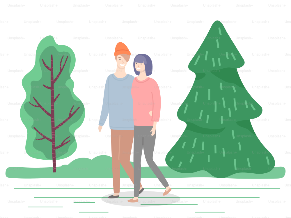 Menschen, die im Sommer im Park spazieren gehen, sich umarmen und reden. Mann und Frau verabredet sich im Kiefernwald und schlendern im Grünen. Verliebte Charaktere, die Zeit im Freien verbringen. Paar umarmt Händchen haltend Vektor