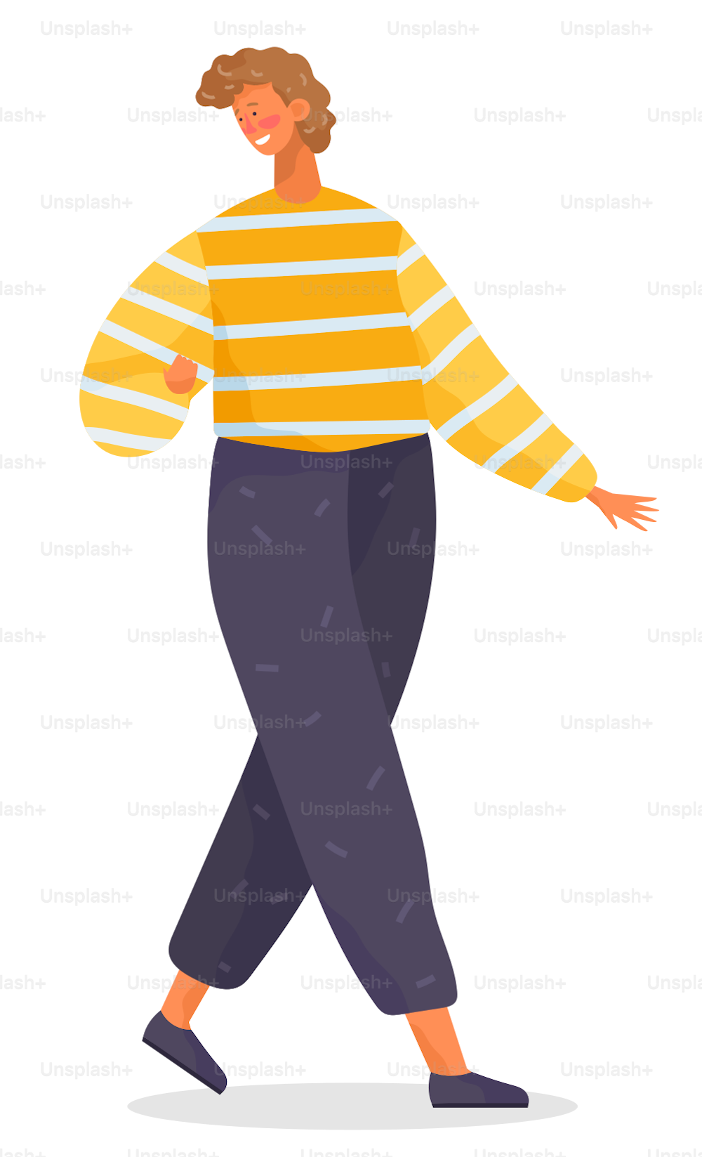Boy walking alone, person isolated on white background. Young man dressed in casual clothes like shirt or sweater and pants. Guy posing and smiling for picture. Vector illustration in flat style