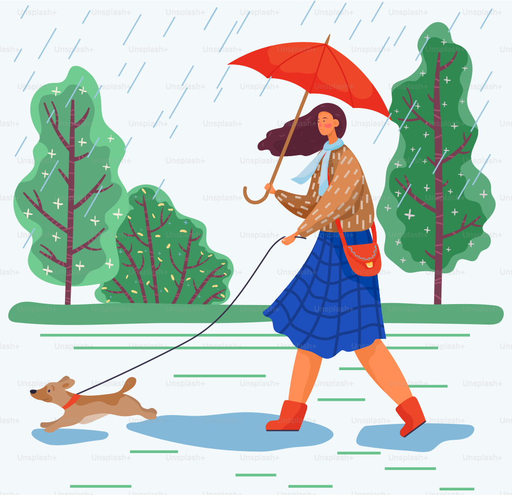 Woman walk with pet, puppy in park or forest. Woman strolling with little dog on leash during rainy weather. Person dressed in warm clothes and carry umbrella. Vector illustration in flat style