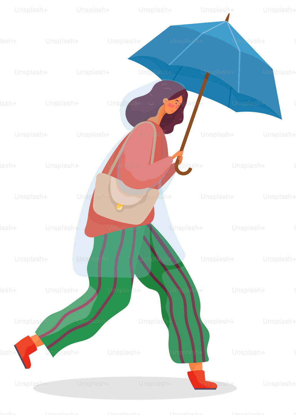 Young woman walking under rain. Person dressed in pants and cardigan and waterproof cloth like raincoat. Lady hold umbrella in hand. Rainy weather in autumn. Vector illustration in flat style