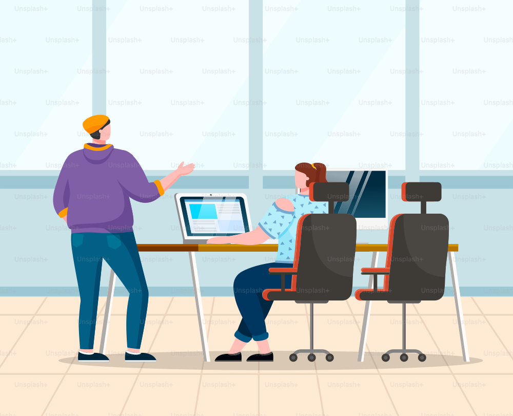 Man and woman talk about work at office open space. Lady sit on chair by table and type on laptop. Colleagues and teammates working together. Vector illustration of coworkers conversation in flat