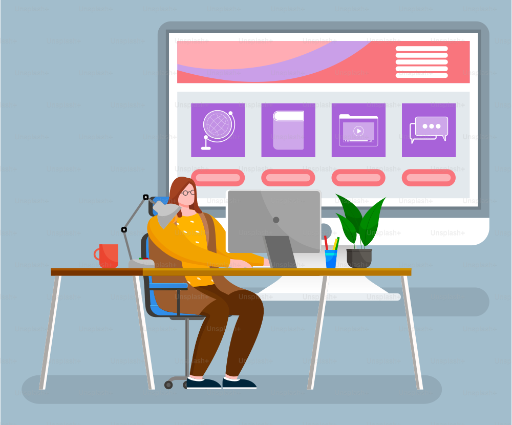 Woman sit on chair by desk at office alone. Person work on computer and big monitor behind her with desktop. Screen with icons, media and network, communication and education. Vector illustration