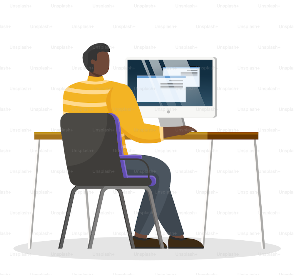 Office worker sit on chair by table and work on computer at office room or open space. Working process of person, guy type on keyboard of electronic device. Vector illustration of workplace in flat