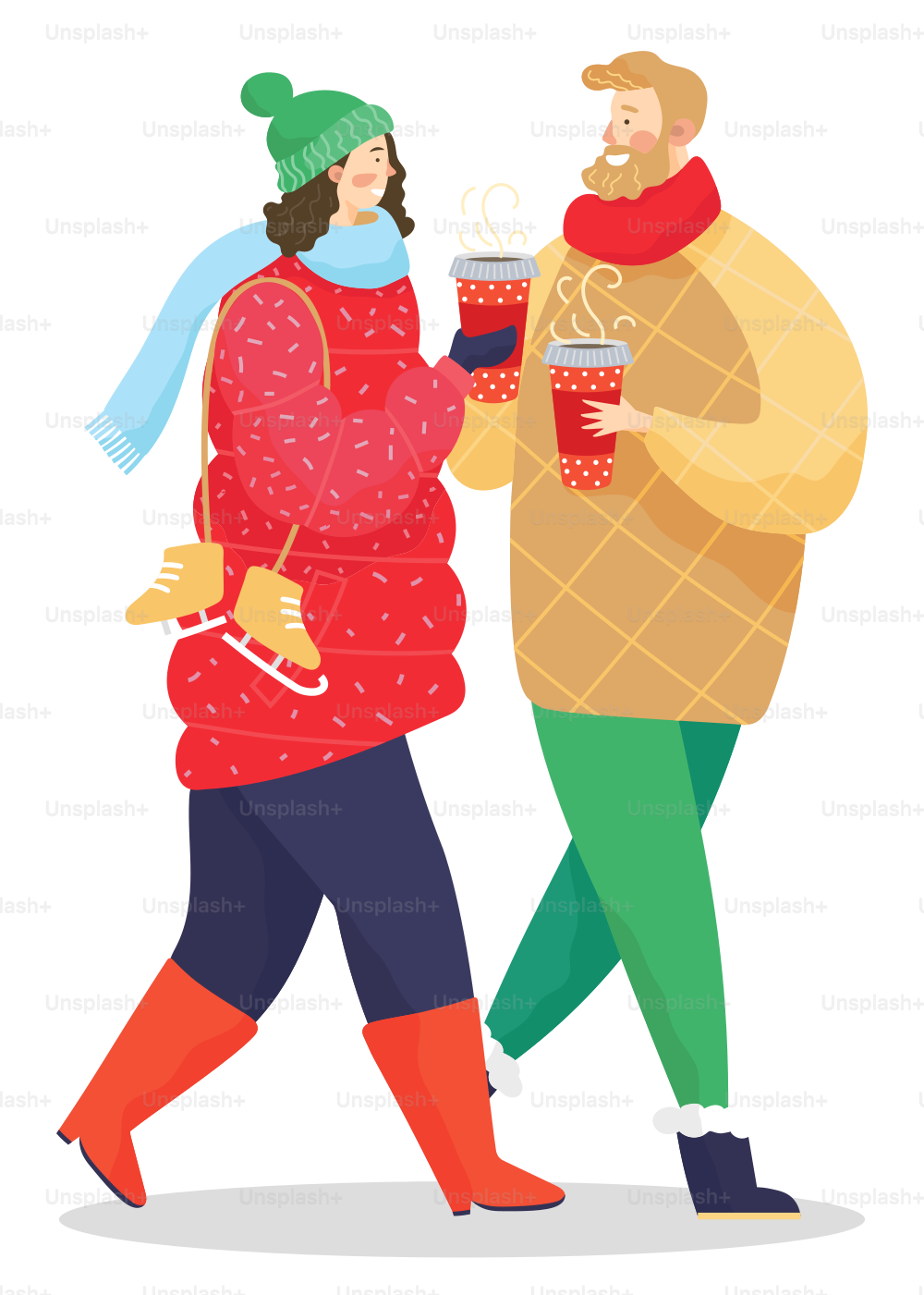 Couple walking together in winter urban park. People drinking coffee from cups outdoor in cold weather. Man and woman strolling in warm clothes and with skates. Vector illustration in flat style