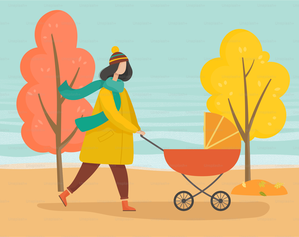 Woman strolling with baby pram in autumn park. Mother taking care about her child in orange carriage. Walking in forest, wood or lawn. Trees with yellow leaves and foliage, fall weather illustration