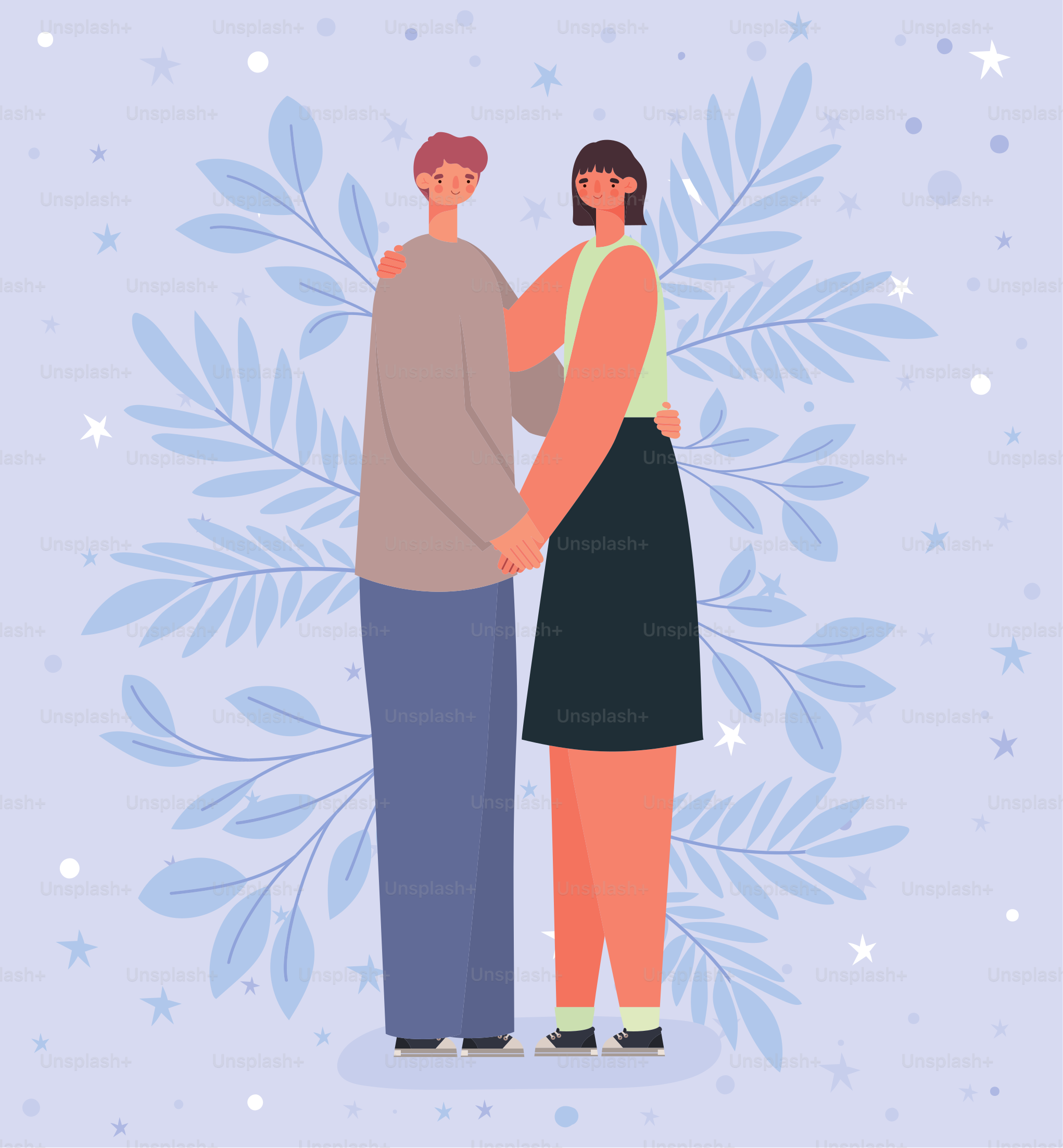 sweet couple representation with leaves