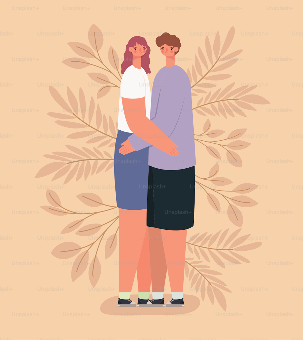Illustrazione romantica della coppia con le foglie